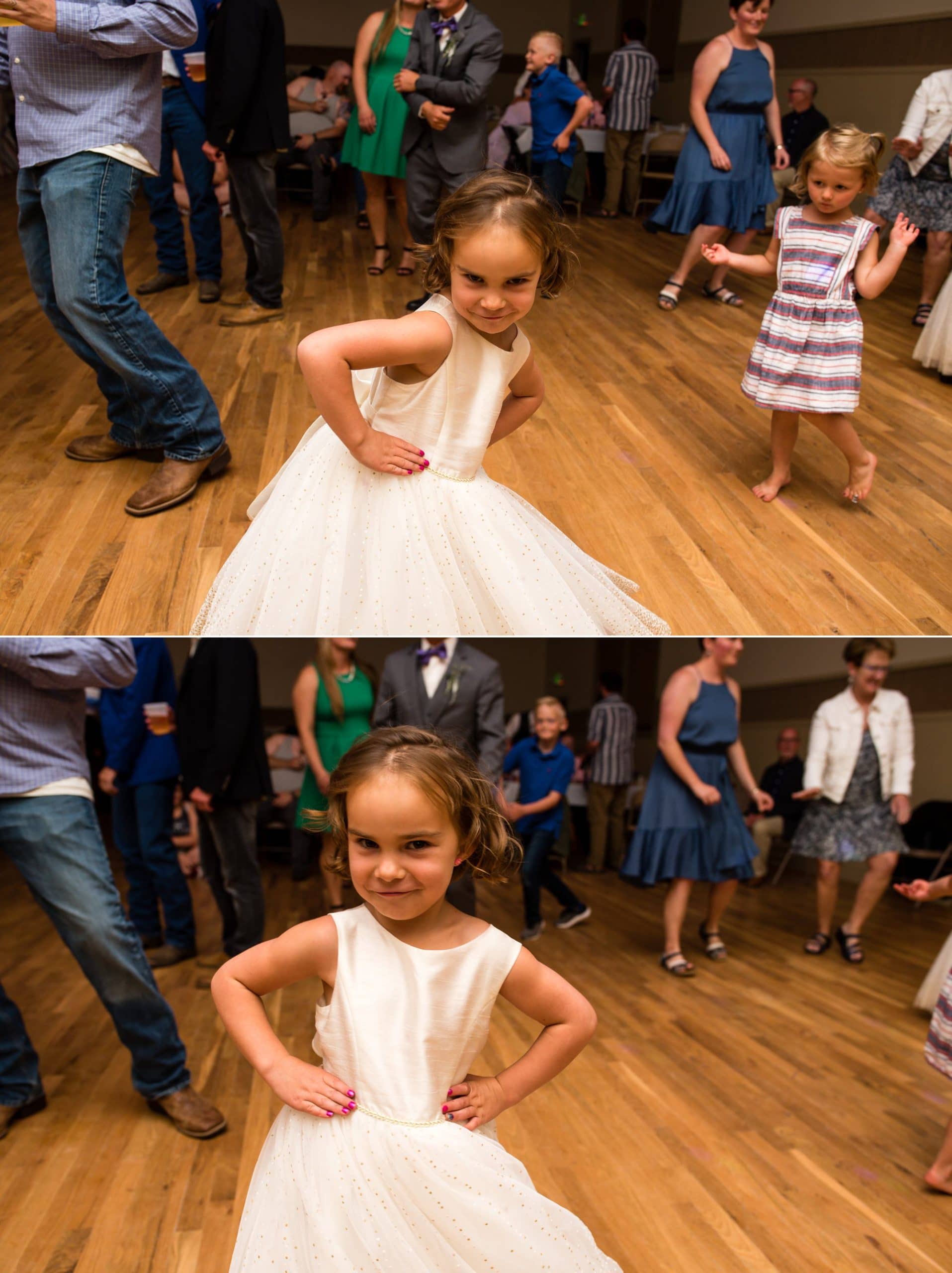 flower girl dancing at Wyoming reception