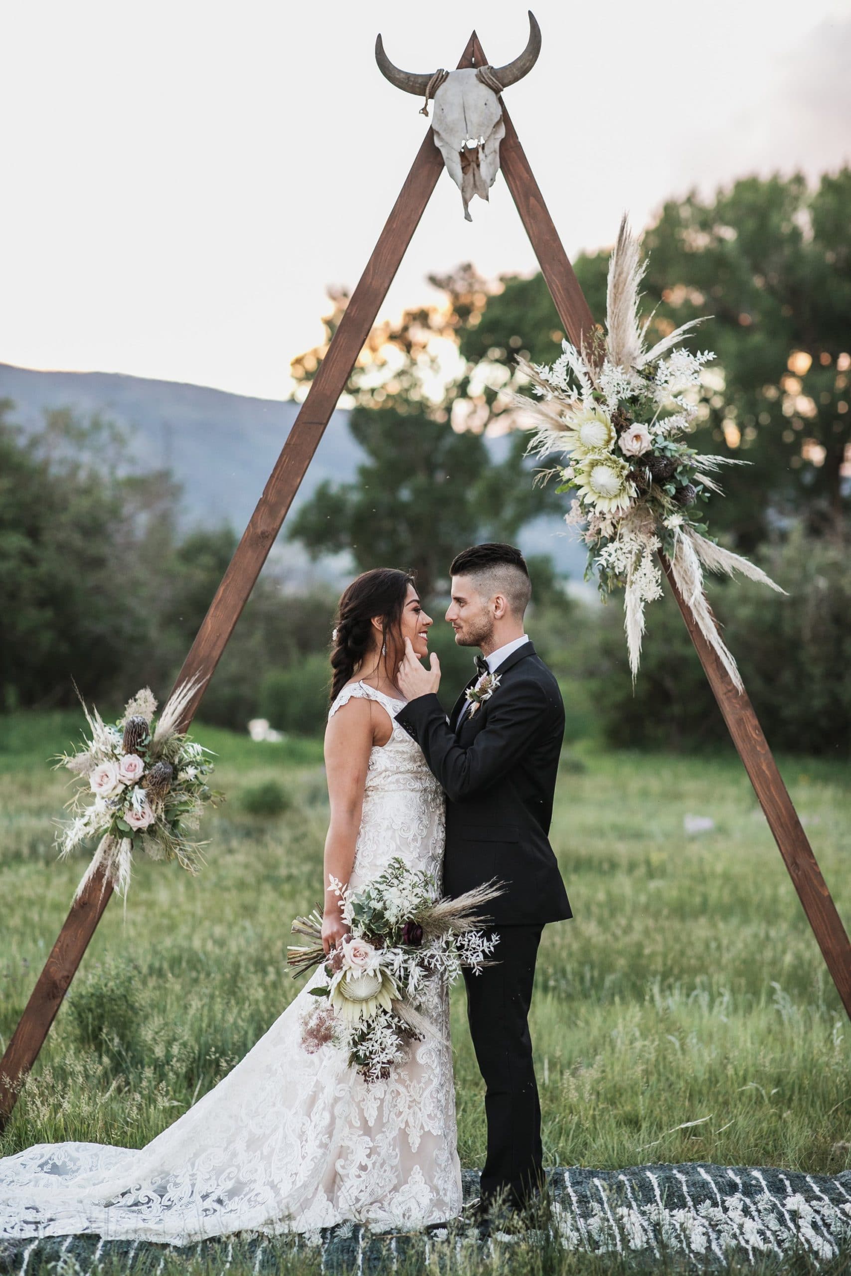 ceremony site with cattle skull and flowers in wyoming