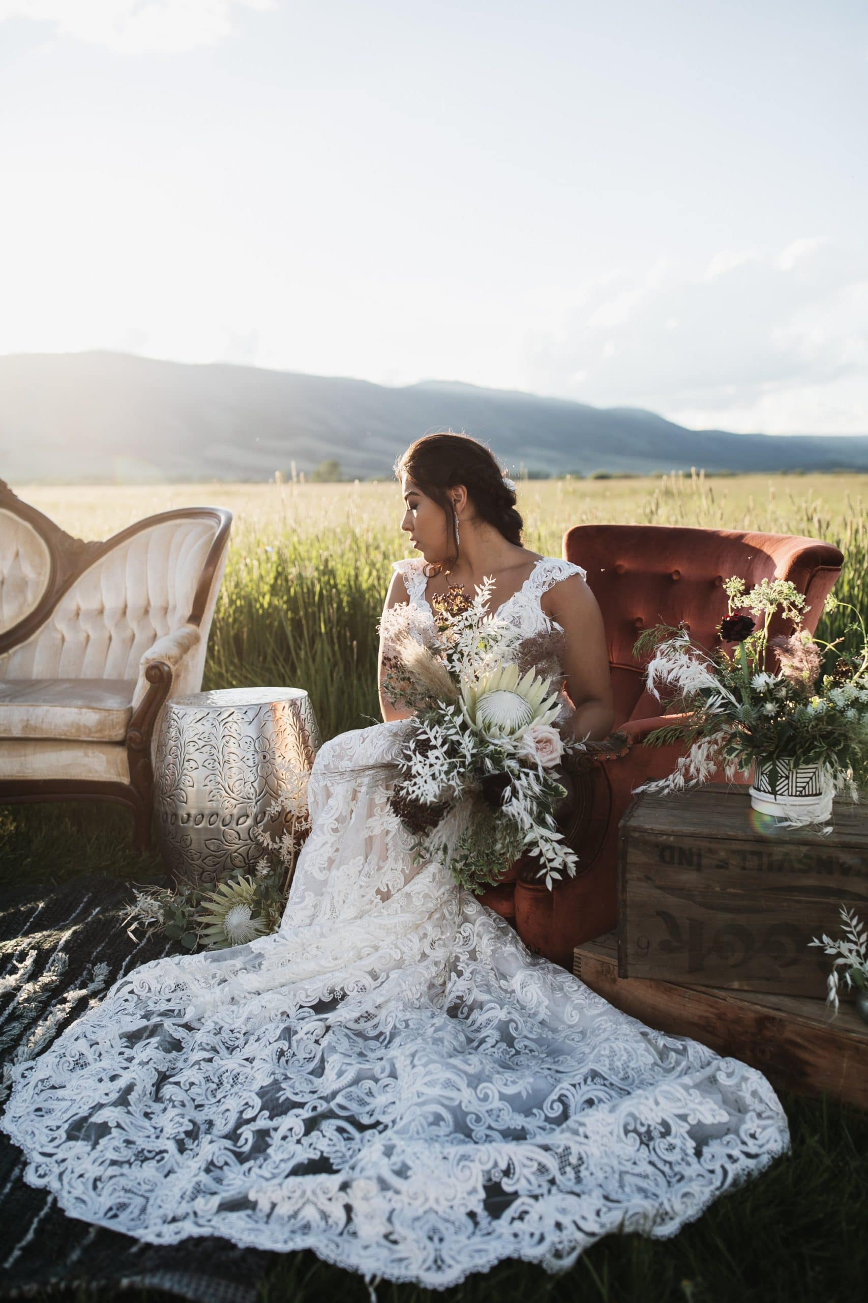 bride at sunset sitting on couch