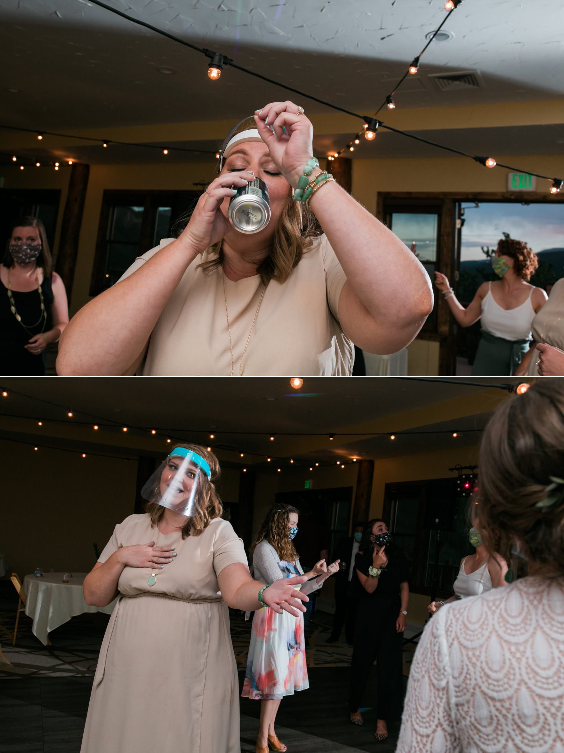 Masks on dance floor at wedding