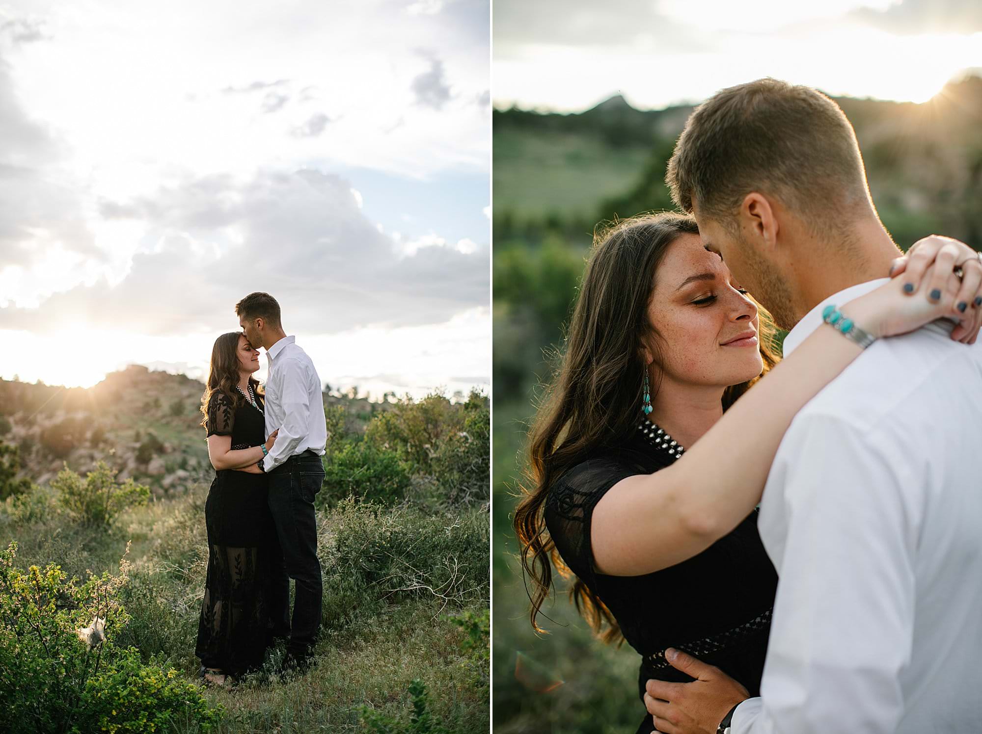 sunset engagement in Wyoming, black dress turquoise