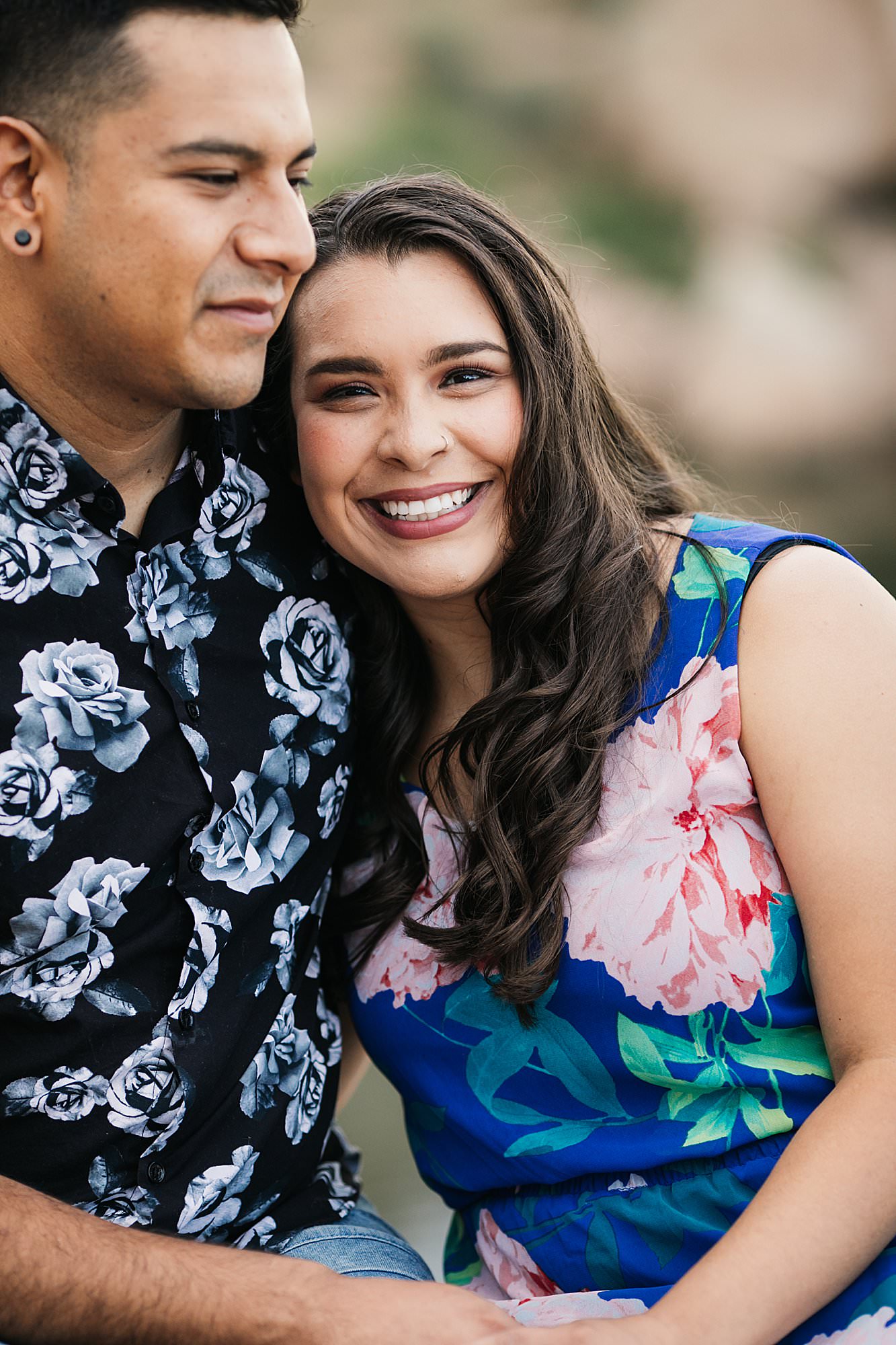 Engagement session, bride in floral dress